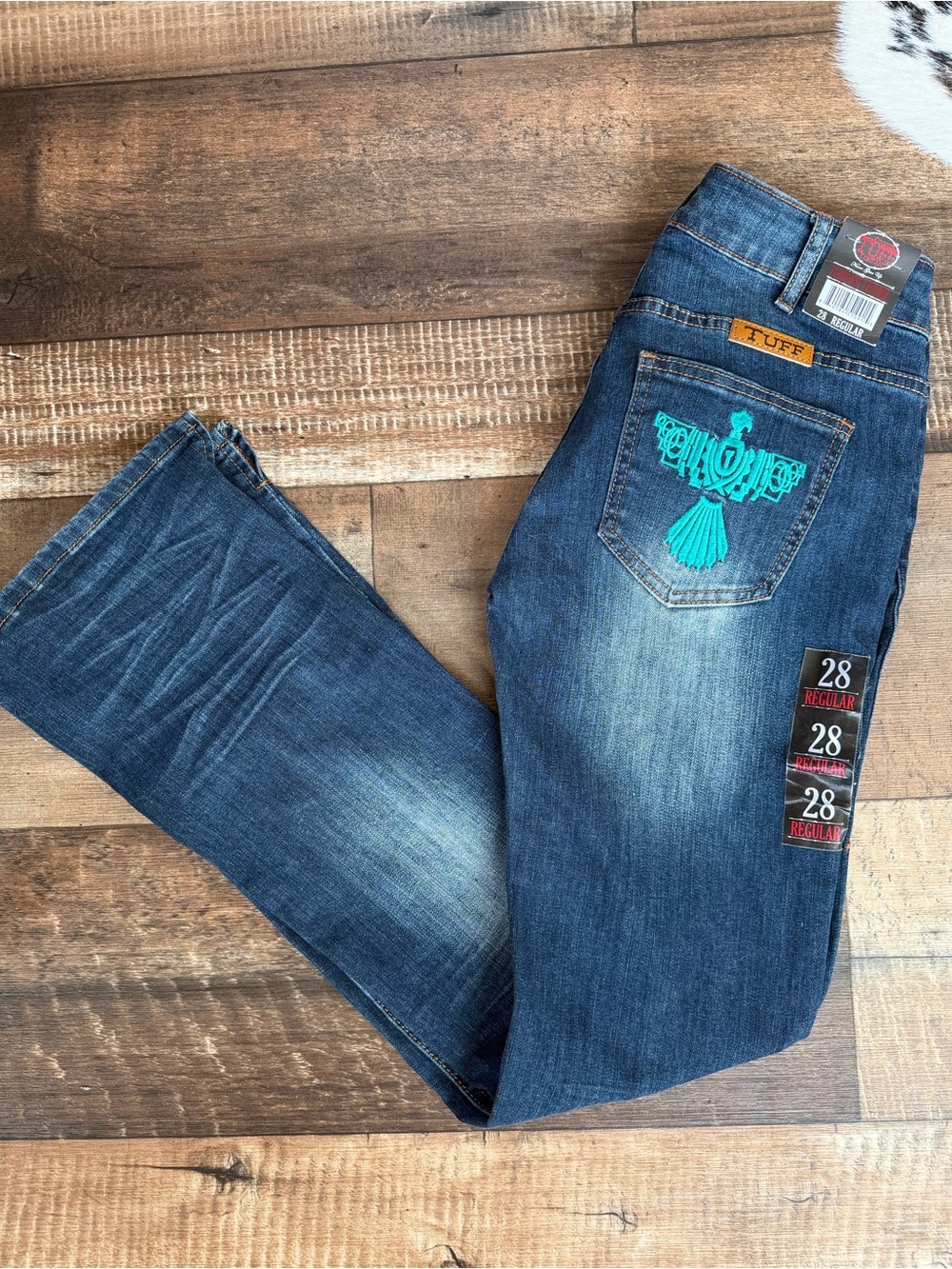 Cowgirl Tuff Blue Denim Bootcut Jeans with Turquoise Embroidered Pocket